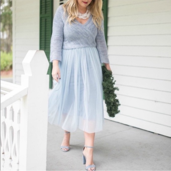 Anthropologie Maeve Arabesque Blue Tulle Layered Mohair Sweater Midi Dress XSP - Picture 2 of 10